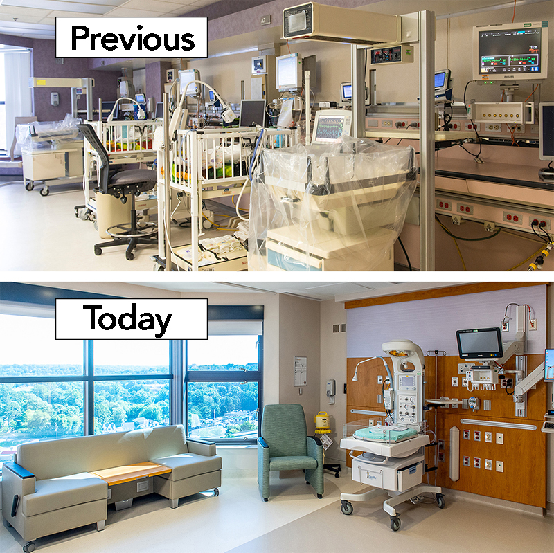 comparison of photo of crowded, multi-person NICU and photo of single-room NICU room with couch, window with a view, etc.