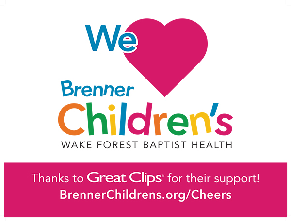 Square sign with white background and colorful letters - 'We (heart) Brenner Children's - Thanks to Great Clips for their support'