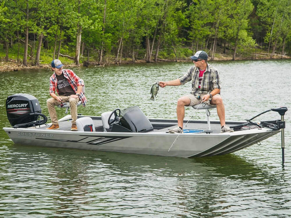Two men in plaid shirts going fishing using a motor boat.