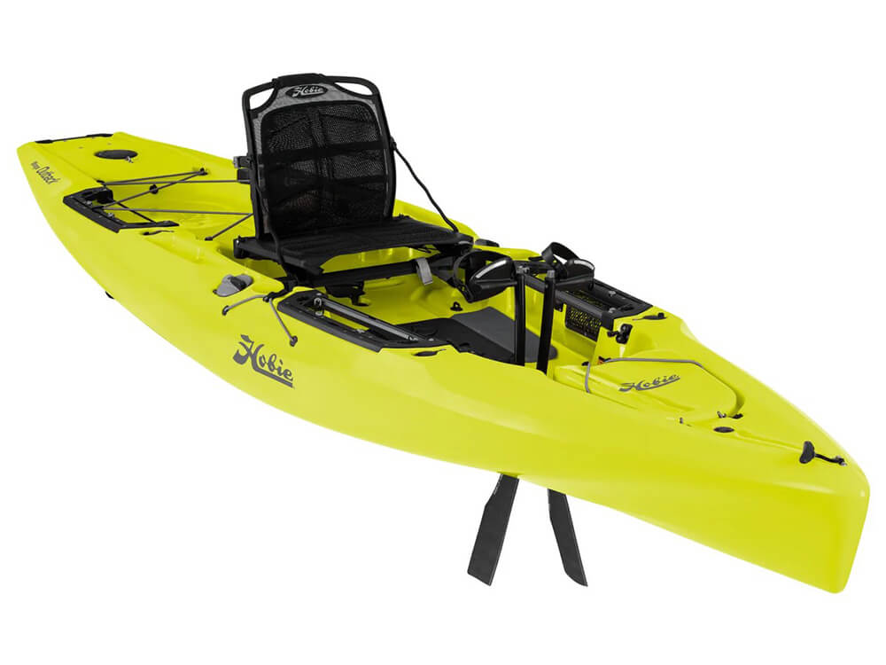 A lime-green kayak with a black seat.